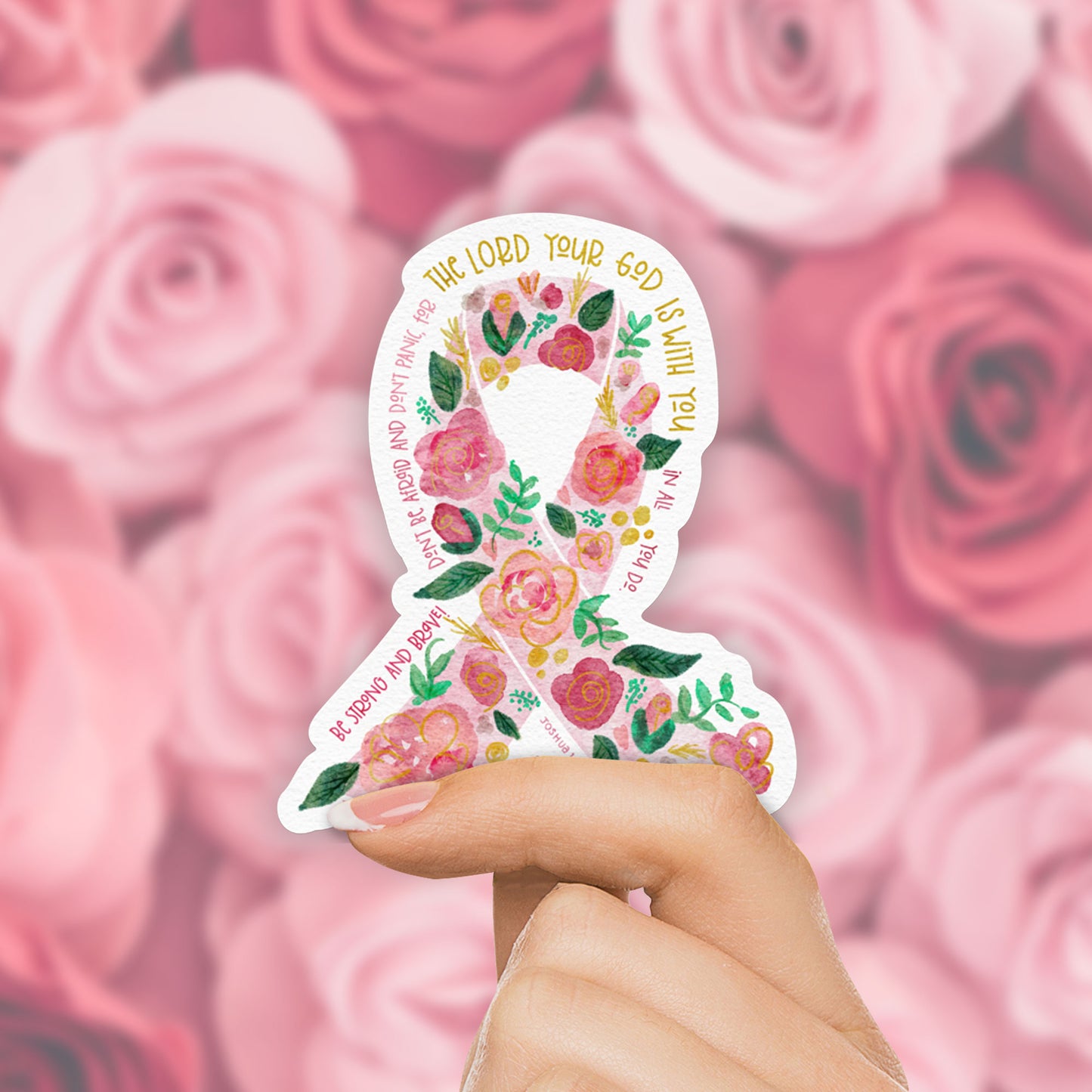 Breast Cancer Awareness Floral Sticker | Joshua 1:9